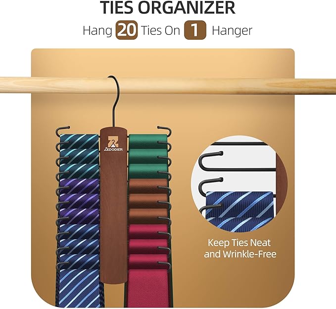 ZEDODIER Wooden Tie Rack, Tie Hanger for Men Closet, 20 Storage Capacity, Non-Slip Rotatable Tie Organizer, Hanging Space Saving Holder, Vintage