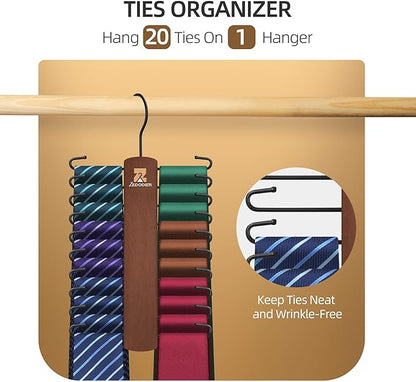 ZEDODIER Wooden Tie Rack, Tie Hanger for Men Closet, 20 Storage Capacity, Non-Slip Rotatable Tie Organizer, Hanging Space Saving Holder, Vintage