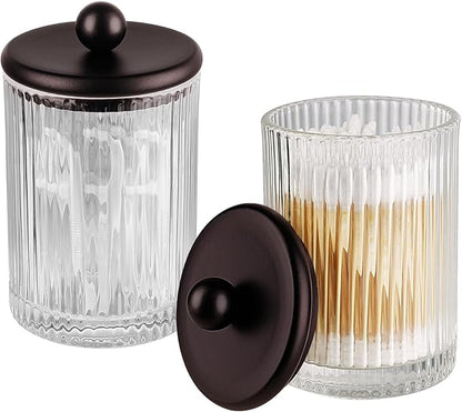3Pack Glass Qtip Holder Dispenser Set - Bathroom Canister Storage Organizer for Cotton Balls, Swabs, Floss Picks, and Makeup Sponges with Matte Black Metal Lid - Clear Vanity Apothecary Jars