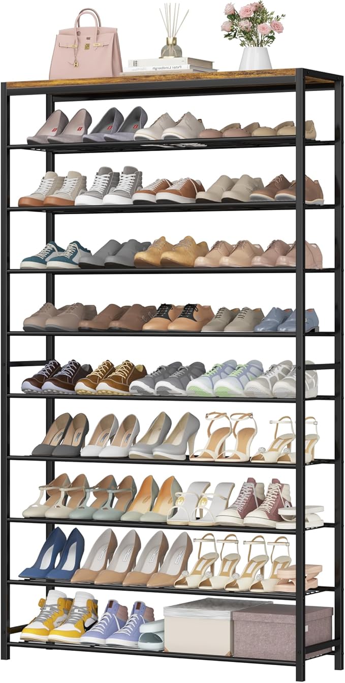 HOMEFORT 10 Tiers Shoe Rack Organizer,39.4" Shoe Storage Shelf for Closet, Shoe Rack for Entryway,Holds 45-50 Pairs of Shoe, Tall Shoe Stand with Metal Shelves and MDF Top Board,Rustic Brown