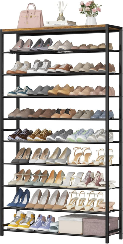 HOMEFORT 10 Tiers Shoe Rack Organizer,39.4" Shoe Storage Shelf for Closet, Shoe Rack for Entryway,Holds 45-50 Pairs of Shoe, Tall Shoe Stand with Metal Shelves and MDF Top Board,Rustic Brown