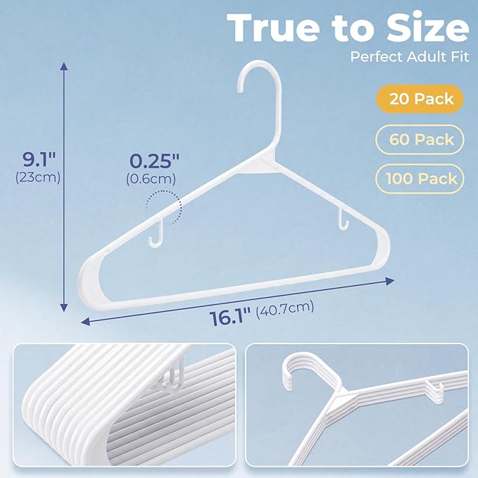 HOUSE DAY Plastic Hangers 20 Pack, Space Saving Clothes Hangers with Built-in Hooks, Durable & Strong Closet Organizers and Storage, Dorm Room Essential, Perfect for Shirts, Coat, Pants, Dress - White