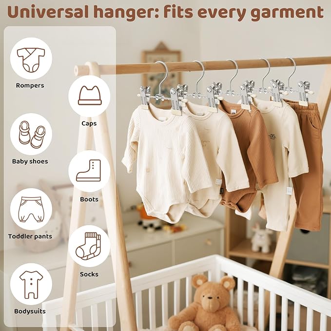 12 Pack Baby Hangers with Clips, 360°Rotatable Toddler Pant Hangers with Clips, Non-Slip Space Saving Kids Hanger for Newborn Children Clothes Skirts Boots Closet Organizers, Off-White