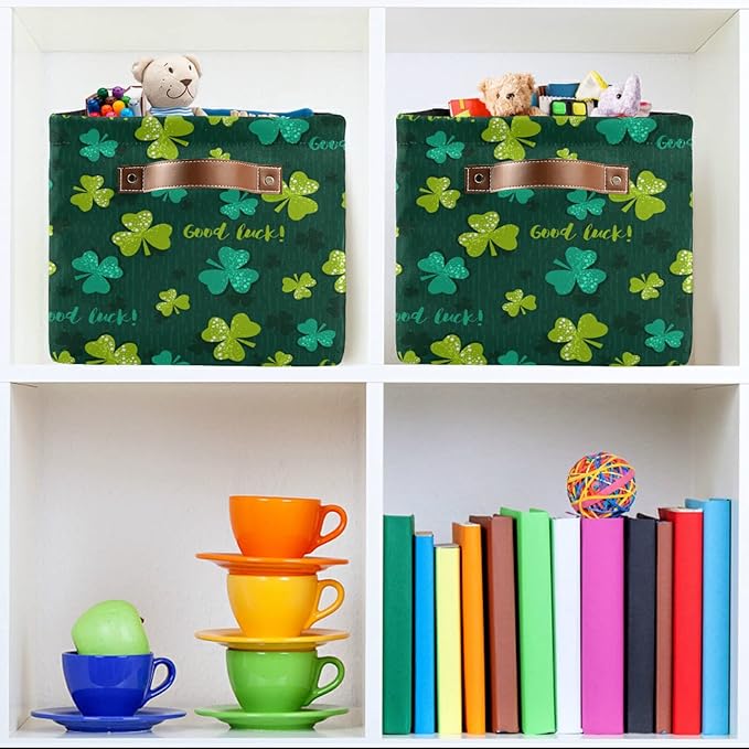 Bolaz Large Storage Basket St Patrick Day Shamrocks Clover Lucky Leaf Foldable Storage Box Organizer Bins with Handles for Bedroom Home Office