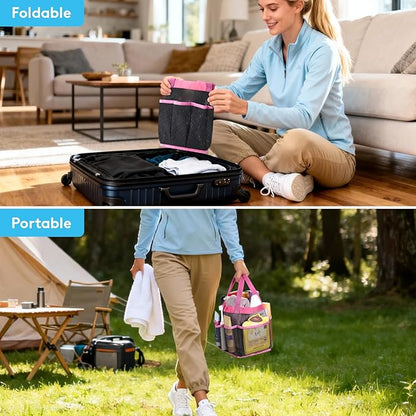 Lifewit Mesh Shower Caddy Portable for College Dorm Room Essentials with 7 Pockets, Freestanding Hanging Organizer Basket, Quick Dry Tote Bag for Camping, Bathroom, Beach, Travel, 1 Pack, Pink