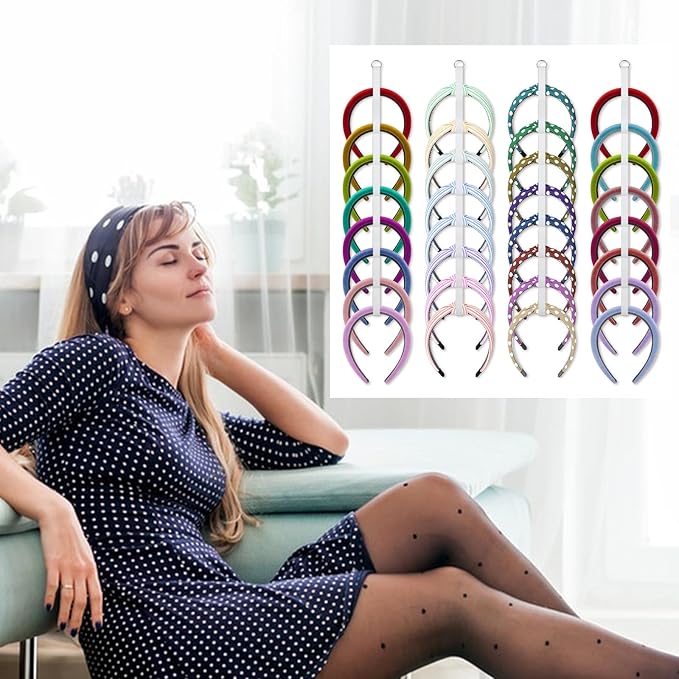 FMOACEN 4 Pcs Headband Holder Organizer, White Hanging Wall Mounted Hairband Accessories, Hair Hoop Storage Display with 32 Total Rings for Women Girls, Bedroom Dorm Closet Decor