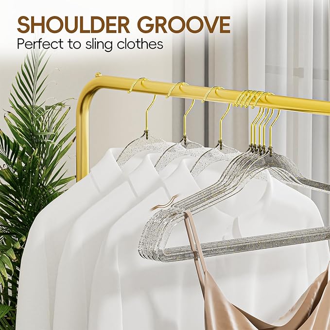 50 Pack Clear Plastic Hangers with Gray Glitter, Acrylic, Ultra Slim, Space Saving, for Coats, Pants, Suits, Shirts, Skirts, Dress Clothes