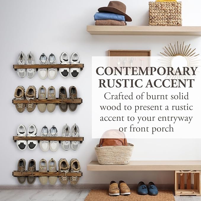 MyGift 30 Inch Rustic Burnt Solid Wood Hanging Shoe Rack, Set of 4 Wall Mounted Storage Organizer Footwear Holder for Closet, Mudroom, Entryway, Holds 12 Pairs