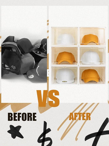 SCAVATA 6 Pack Hat Organizer Box, Stackable Clear Baseball Caps Holder Box Containers with Magnetic Door for Hats Snapback Cap Storag, Hat Rack Display Case, Holds 8 Hats Each (White)