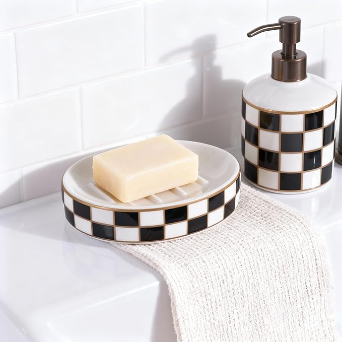 Ceramic Checkered Soap Dish,Black&White Soap Dish for Bathroom Sink, Bar Soap Holder for Bathroom Decorative Counter,Checkered Deco (Black)