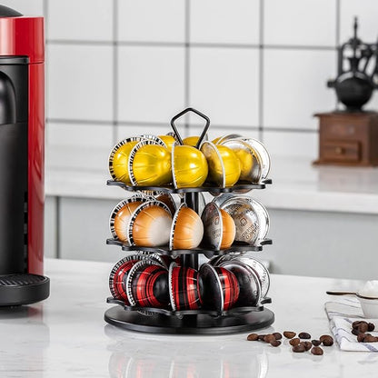 FlagShip Coffee Pod Holder Carousel 3 Tier for Vertuo Pod Holder Metal DIY Install Small for Vertuo Pod Stand (30 Pods Capacity)