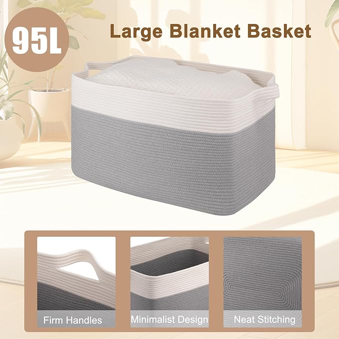OIAHOMY Extra Large Blanket Basket, 95L Cotton Rope Woven Laundry Basket, Toy Bin for Baby Room, Container for Blanket Storage in Living Room, 24''×17''×14'', Grey & White