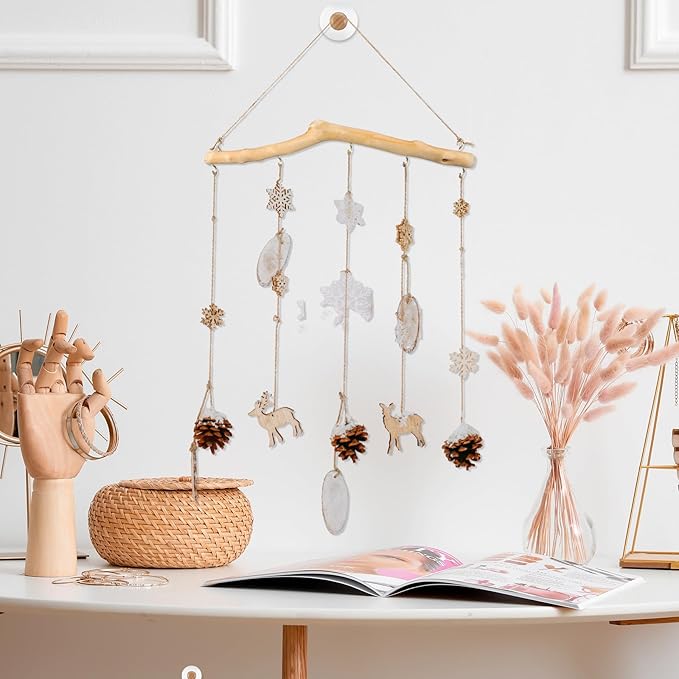 Chunful 4 Pcs 15 Inch Driftwood Wall Hanging Jewelry Hanger Rustic Wood Logs Hanging Branch Decor with 5 Hooks Natural Driftwood Decorative Branches Farmhouse Wooden Hook Mounted