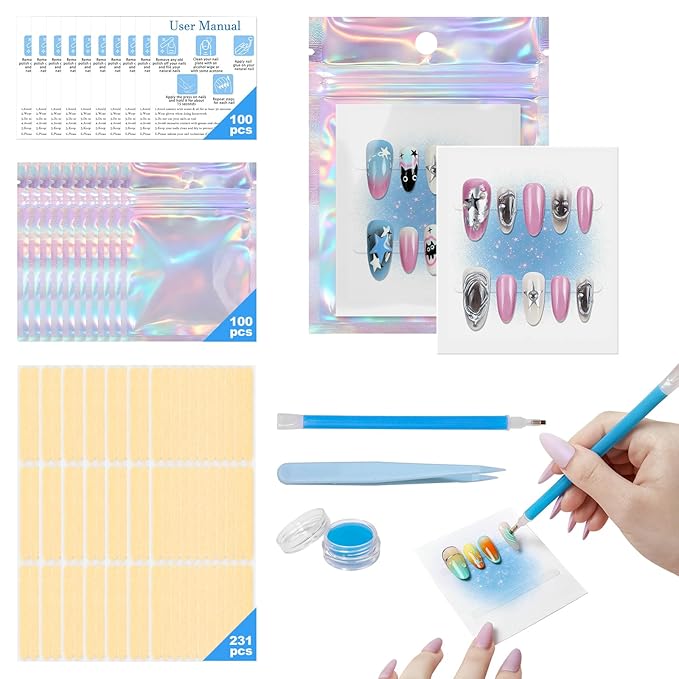 100PCS Press on Nail Packaging Bag, 100PCS Display Card with 231 Pcs Pre-cut Adhesive Tape & Diamond Art Pens & Glue Clay & Tweezers, 6-in-1 Set for Nail Display (Laser)
