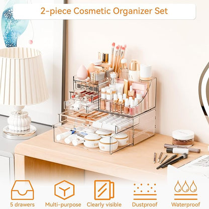 Yieach 2 Pack Clear Makeup Organizer Countertop for Dresser,Vanity and Bathroom Counter Organizer,Tiered Stackable Makeup Acrylic Organizers with 5 Drawer for Skincare,Brush and Make up Holders