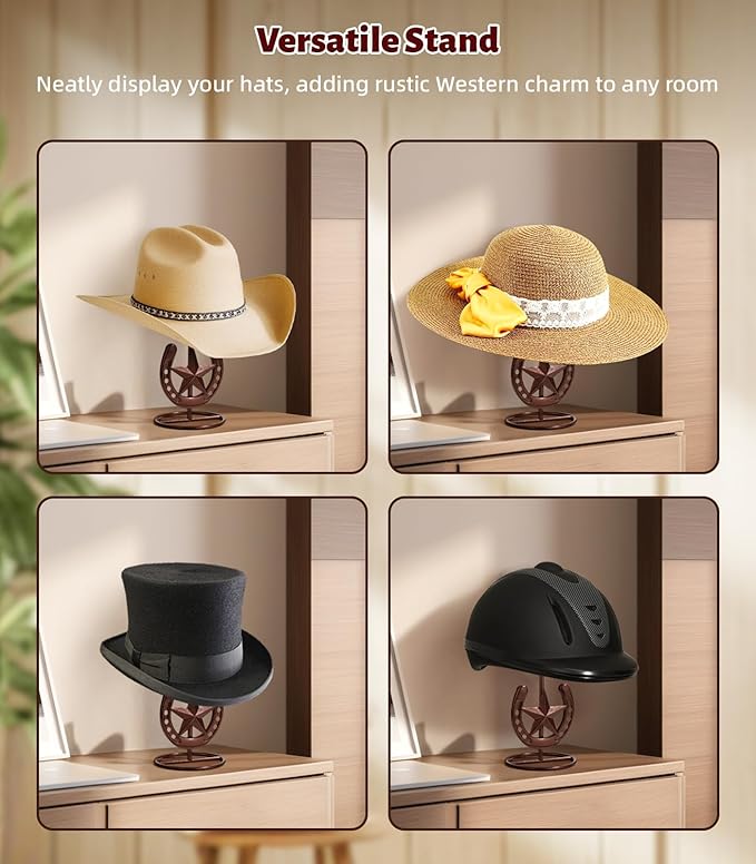 Cowboy Hat Stand, Hat Display, Western Horseshoe Decor, Cowboy Hat Holder, Hat Stands for Display Tabletop, Cowboys Gifts for Men, Desk Hat Rack for Fedora, Sun Hats,Straw Hats, Iron, Bronze, 2 Packs