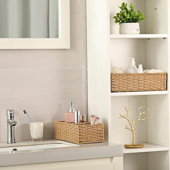 Vagusicc 3-Section Wicker Baskets for Shelves, Hand-Woven Round Paper Rope Wicker Storage Basket, Toilet Paper Basket for Toilet Tank Top, Baskets for Organizing, 2-Pack