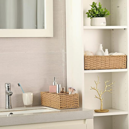 Vagusicc 3-Section Wicker Baskets for Shelves, Hand-Woven Round Paper Rope Wicker Storage Basket, Toilet Paper Basket for Toilet Tank Top, Baskets for Organizing, 2-Pack