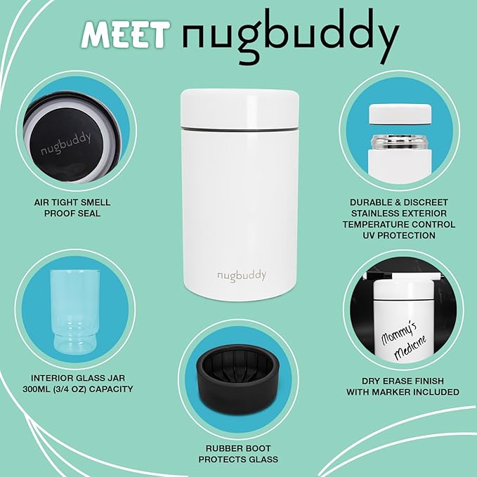 nugbuddy Smell Proof Container - Vacuum Insulated With Nested Glass Jar - UV Protection, Temperature Controlled Storage - Air Tight Stash Jar - Whiteboard Finish + Marker Included- 300 ml (3/4 Oz)