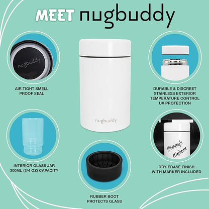 nugbuddy Smell Proof Container - Vacuum Insulated With Nested Glass Jar - UV Protection, Temperature Controlled Storage - Air Tight Stash Jar - Whiteboard Finish + Marker Included- 300 ml (3/4 Oz)