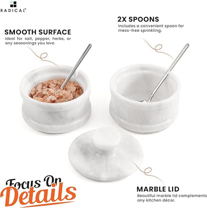 Radicaln Handmade Marble White 5.5” Dual Salt Cellar & Brown Sugar Keeper – 2.3” Each Herb Jar Salt Dish Kitchen Accesorries – Ideal For Jewelry, Butter, Sugar & Home Décor