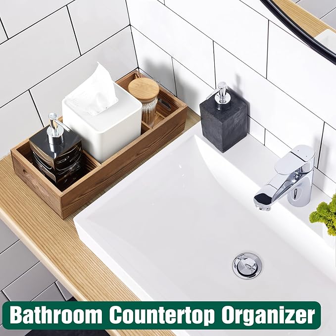 14 Inch Wood Bathroom Basket with Removable Dividers - 3 Comparments Wooden Toilet Paper Basket with Handle for Back of Toilet Tank Topper - Storage Organizer for Bathroom Kitchen Pantry Organization