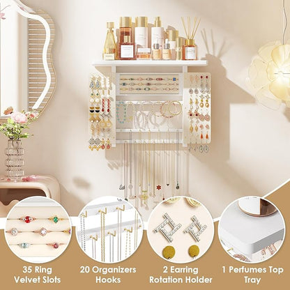 Emfogo Jewelry Organizer Hanging Wall Mounted Jewelry Holder, 5-in-1 Large Capacity Necklace Organizer Wall Hanging Jewelry Display for Ring, Necklaces, Bracelets, Earrings (White)