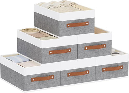 Clothing Storage Boxes, Drawer Organizers with Handles, Cube Organizer Bin for Organizing, 13 × 9.1 × 5.5 Inch, White and Grey, 6-Pack