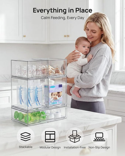Vtopmart Stackable Storage Drawers Set of 5, Clear Plastic Organizer Bins for Baby Bottle, Beauty Supplies Storage, Ideal for Kichen Countertop, Vanity, Bathroom, Cabinet, Pantry Organization
