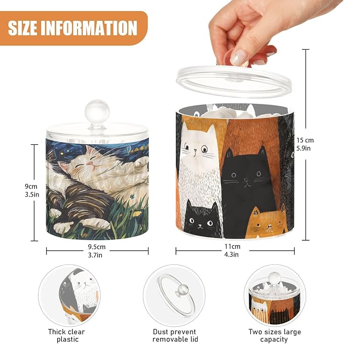 2 Pack Qtip Dispenser Apothecary Jars with Lids Cotton Round Holder Bathroom Canisters for Cotton Swab Floss Ball Pads Clear Plastic Decorative Cat and Starry Night Ragdoll