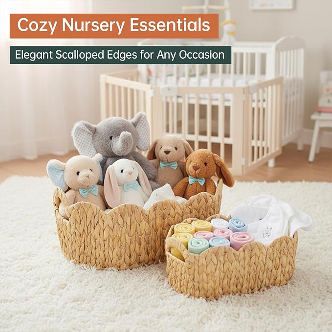 Coeusy Scalloped Basket Set of 2,Water Hyacinth Basket for Organizing and Decor,Hand-Woven Wicker Storage Baskets with Built-In Handles for Nursery,Gift,Laundry