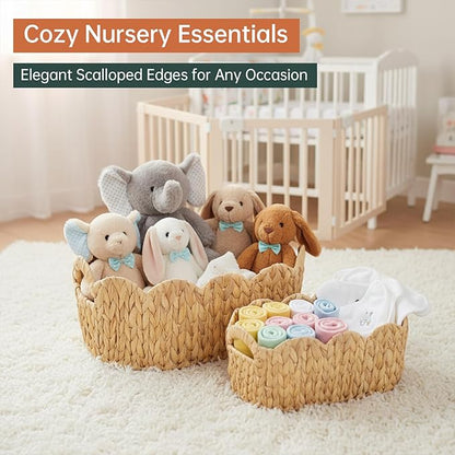 Coeusy Scalloped Basket Set of 2,Water Hyacinth Basket for Organizing and Decor,Hand-Woven Wicker Storage Baskets with Built-In Handles for Nursery,Gift,Laundry