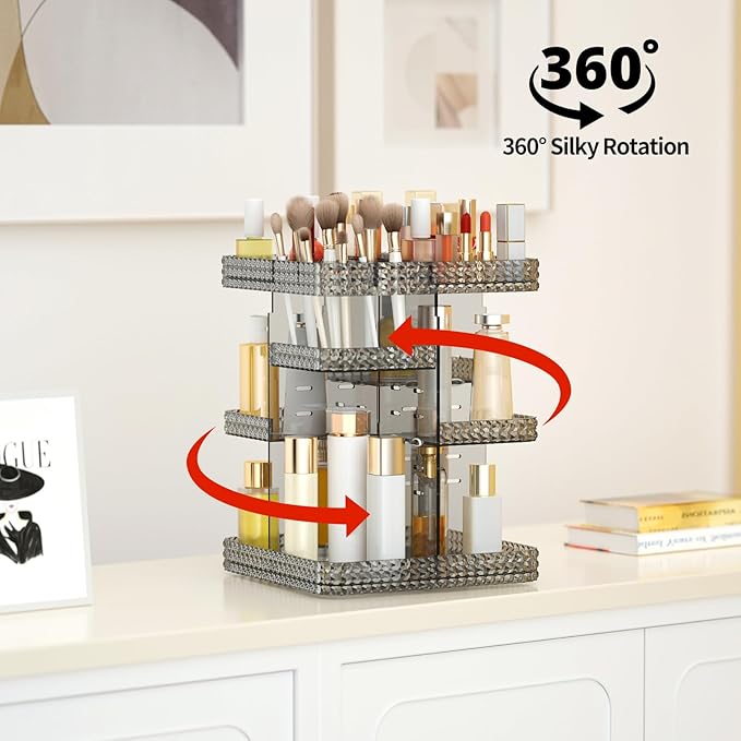 Rotating Makeup Organizer, Large Capacity Cosmetic Display Case, Acrylic Skincare Organizer with Makeup Brush, Makeup Storage Organizer for Dresser Countertop and Bathroom Vanity - Grey