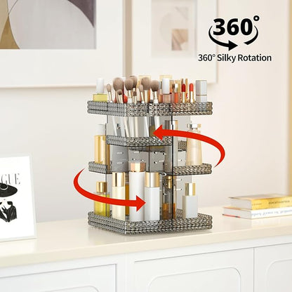 Rotating Makeup Organizer, Large Capacity Cosmetic Display Case, Acrylic Skincare Organizer with Makeup Brush, Makeup Storage Organizer for Dresser Countertop and Bathroom Vanity - Grey