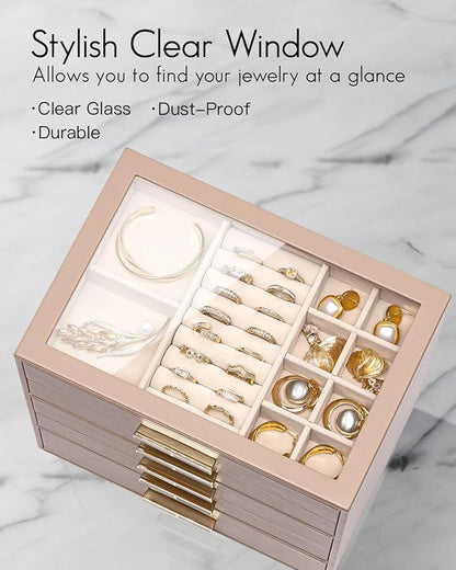 VLANDO 5 Layer Jewelry Box for Women, Glass Lid Jewelry Organizer with 5 Drawers for Necklaces Rings Earrings Bracelets - Toffee