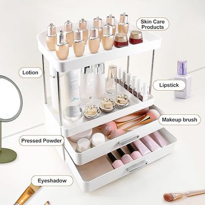 DASITON 4 Tiers Makeup Organizer, 2 Drawers Large Cosmetic Organizers for Vanity Bathroom Countertop, Bathroom Organizers and Storage for Skincare, Cosmetic, Perfume, Dresser Organizer (White+White)