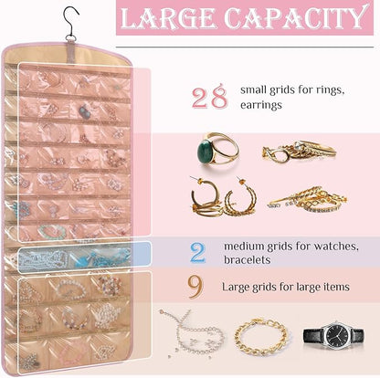 2 Pack Hanging Jewelry Organizer Storage with 39 Pockets, 30 Necklace Hooks Double Sided Wall Mount Earring Holder Organizer Bracelet Necklace Jewelry Display Hanger for Closet Door(Pink)