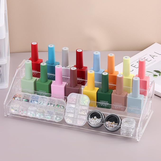 SUTOKAKA Nail Polish Display Organizer Clear Acrylic Eyeglasses Holder Essential Oil Storage Rack Makeup Stand Tray (3 Layer)