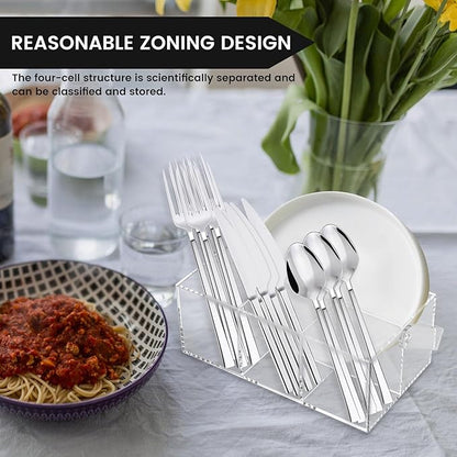 Acrylic Utensil Holder Silverware Organizer with Handle and 4 Compartments Multipurpose Party Utensil Holder for Countertop Table Buffet Picnic Clear Kitchen Space-Saving
