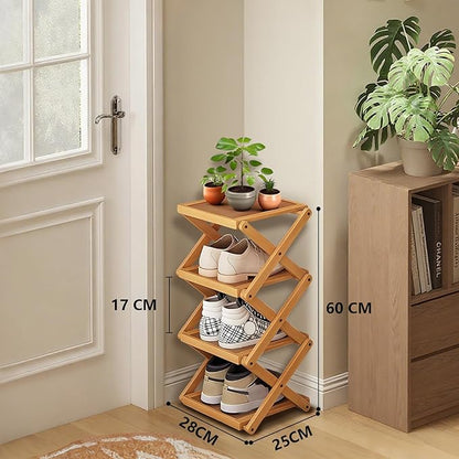 YYW Shoe Rack, Foldable Bamboo Shoes Shelf, Freestanding Shoe Storage Organiser for Entryway, Bedroom, Closet, Hallway - Functional, Natural Shoe Rack (Original, 4 Layers)