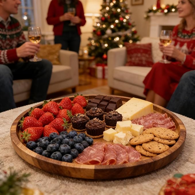 Utoplike Large Acacia Lazy Susan for Table Top, Rotating Round Serving Tray, 17.7'' Wood Charcuterie Board with Raised Edge and Removable Dividers for Cheese, Snacks, and Parties