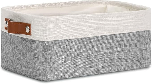 DULLEMELO Small Collapsible Fabric Basket for Organizing, Shelves, Closets, Laundry, Nursery, Decorative Gift Basket (White & Gray)