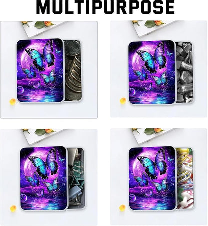 Metal Tin Box with Lid for Game Cards Home Organizer Candles Keys Crafts Storage - Equipped with 4 Magnetic Cord Clips，Purple Moon Blue Butterfly