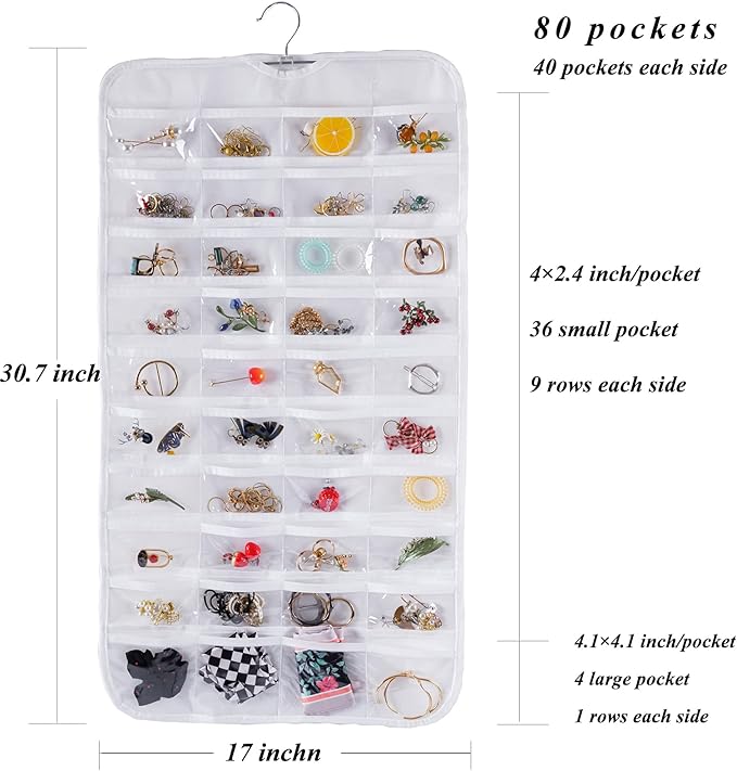 Bloss Hanging Jewelry Organizer, Double Sided 80 Pockets Jewelry Chain Storage Bag 2 Layer of Fabric Jewelry Organizer Holder for Necklace Bracelet Earring Rings - White