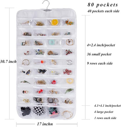 Bloss Hanging Jewelry Organizer, Double Sided 80 Pockets Jewelry Chain Storage Bag 2 Layer of Fabric Jewelry Organizer Holder for Necklace Bracelet Earring Rings - White