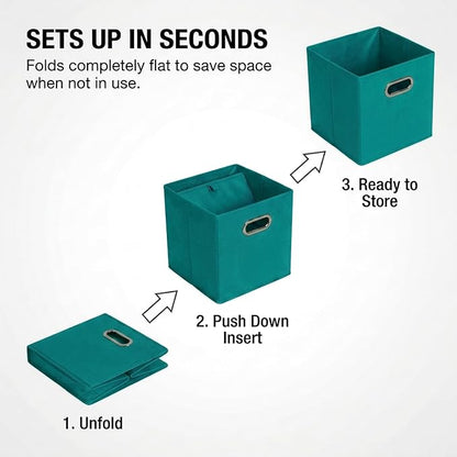 Household Essentials Fabric Storage Cubes 6 Pack – 11x11x11 Foldable Non-Woven Bins with Chipboard Sides & Grommet Handles – Stackable Cube Organizer for Closet, Nursery, Shelf, or Office – Aqua