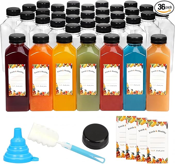 Moretoes 36pcs 16oz Juice Bottles, Plastic Bottles with Lids, Reusable Clear Containers for Juice, Smoothies, Cola, Water and Other Beverages