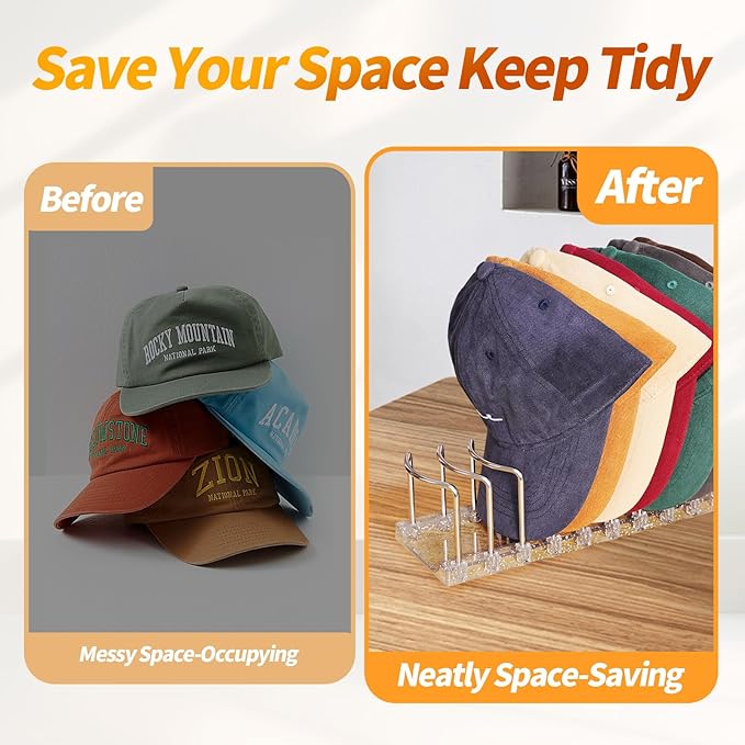 Baseball Cap Organizer Rack, 2-Pack (Holds 18 Caps) — No Installation Required, Anti-Tip, Stainless Steel, Freestanding Hat Organizer for Countertop, Dresser Top, Closet Shelf & Bedroom