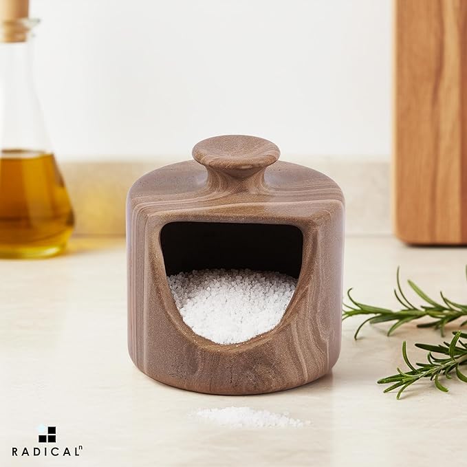 Radicaln Marble Salt Cellar 4.5" Inch Natural Brown Handmade Pig Salt Jar & Table Salt Storage For Kitchen Countertop, Ideal Salt Container, Salt Dish & Sugar Bowl For Table