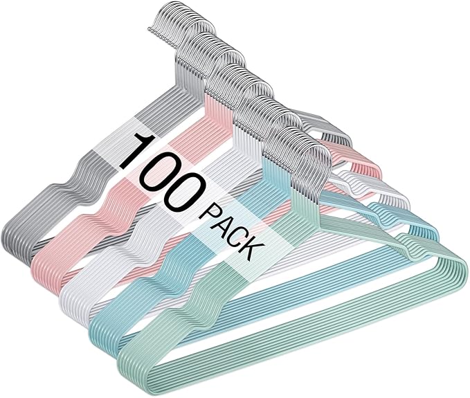 Wesiti 100 Pcs Metal Wire Non Slip Hangers for Clothes Space Saving Hanger Strong 15.7 in Triangle Clothes Coat Suit Bridal Boutique Dress for Closet Dorm Rack(Colorful)